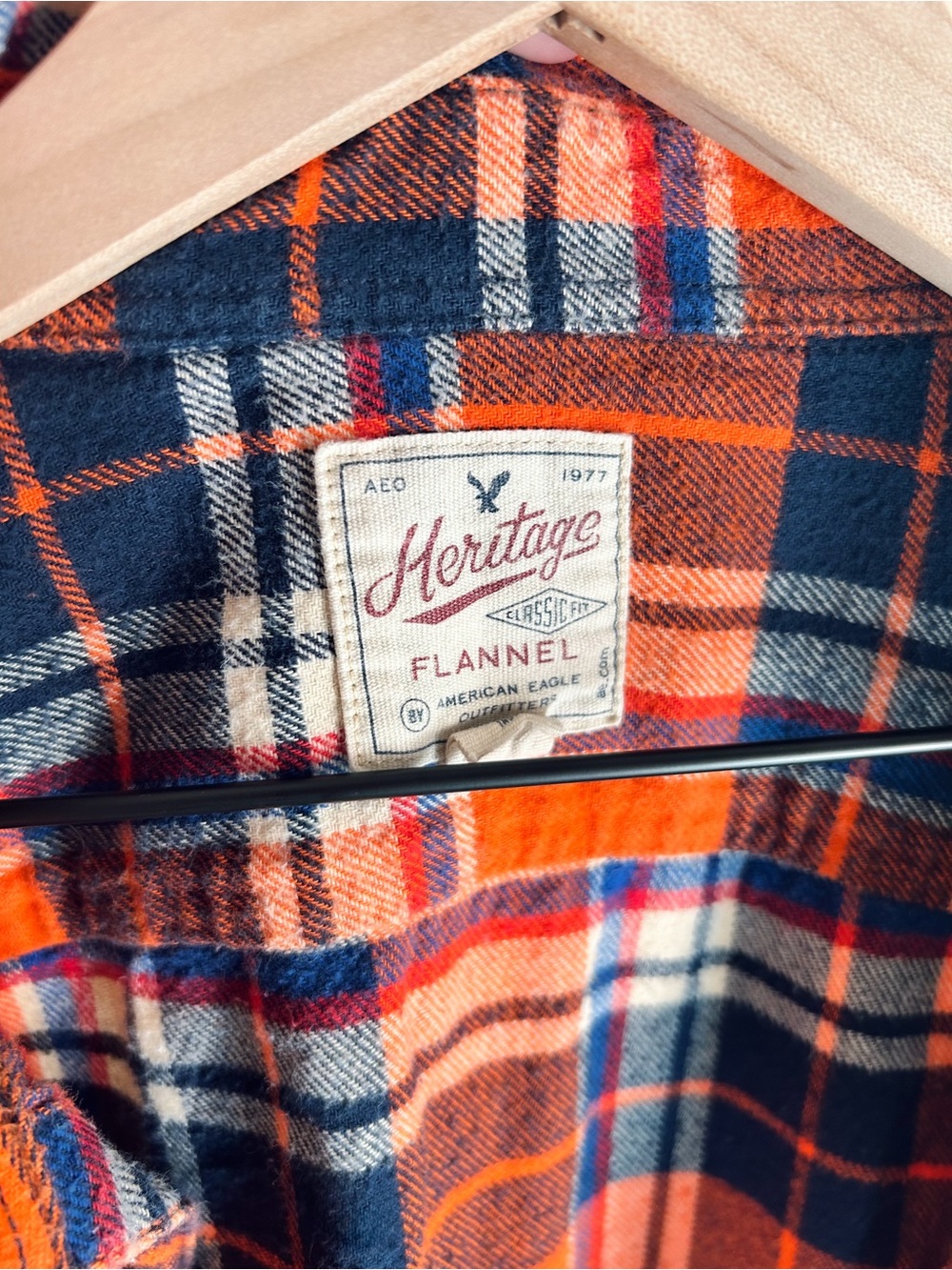 Men’s American Eagle Heritage Classic Flannel Shirt - Orange Navy Plaid - Size L